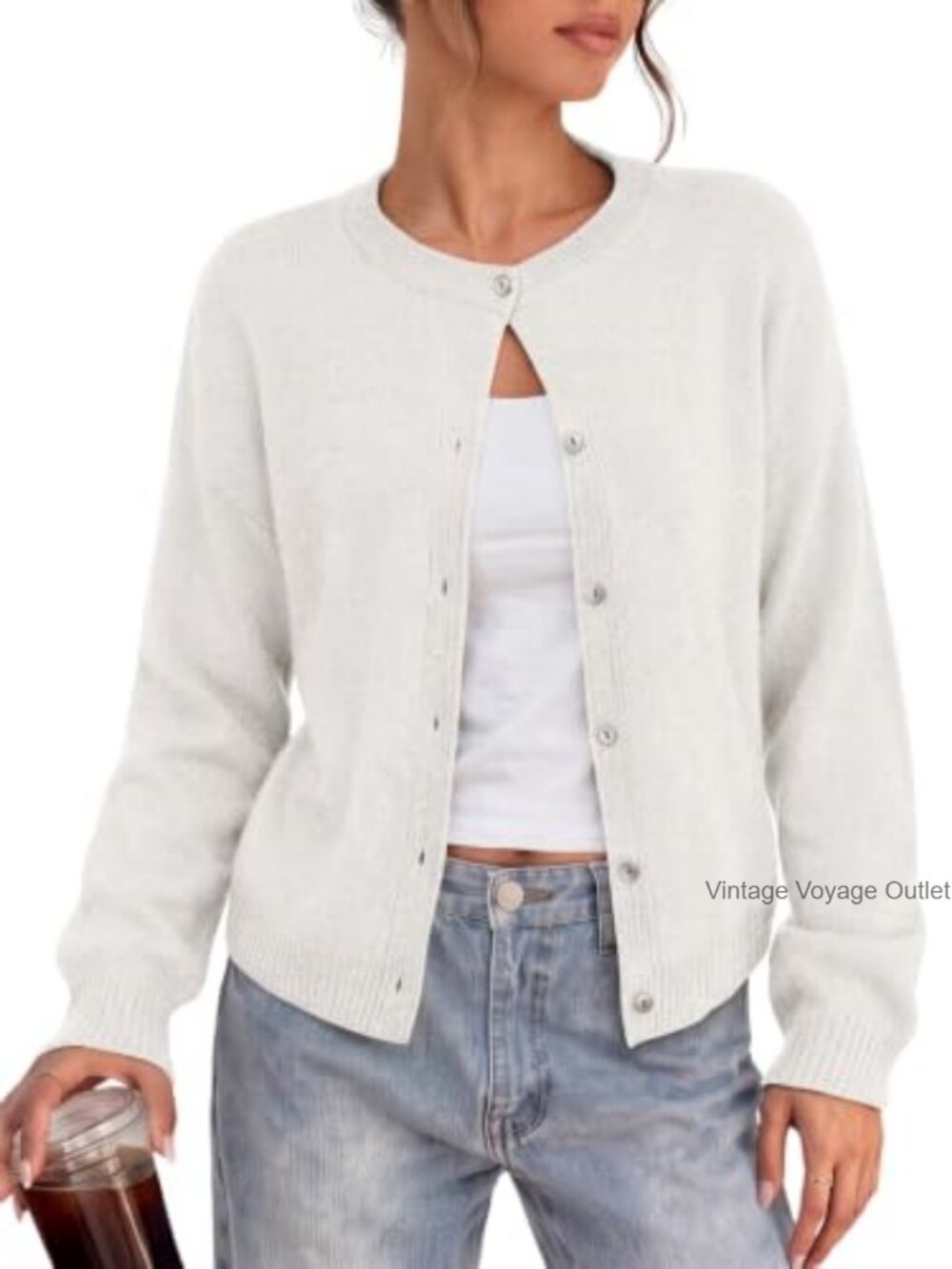 Womens Oversized Button Down Cardigan Sweater Crew Neck Relaxed Fit